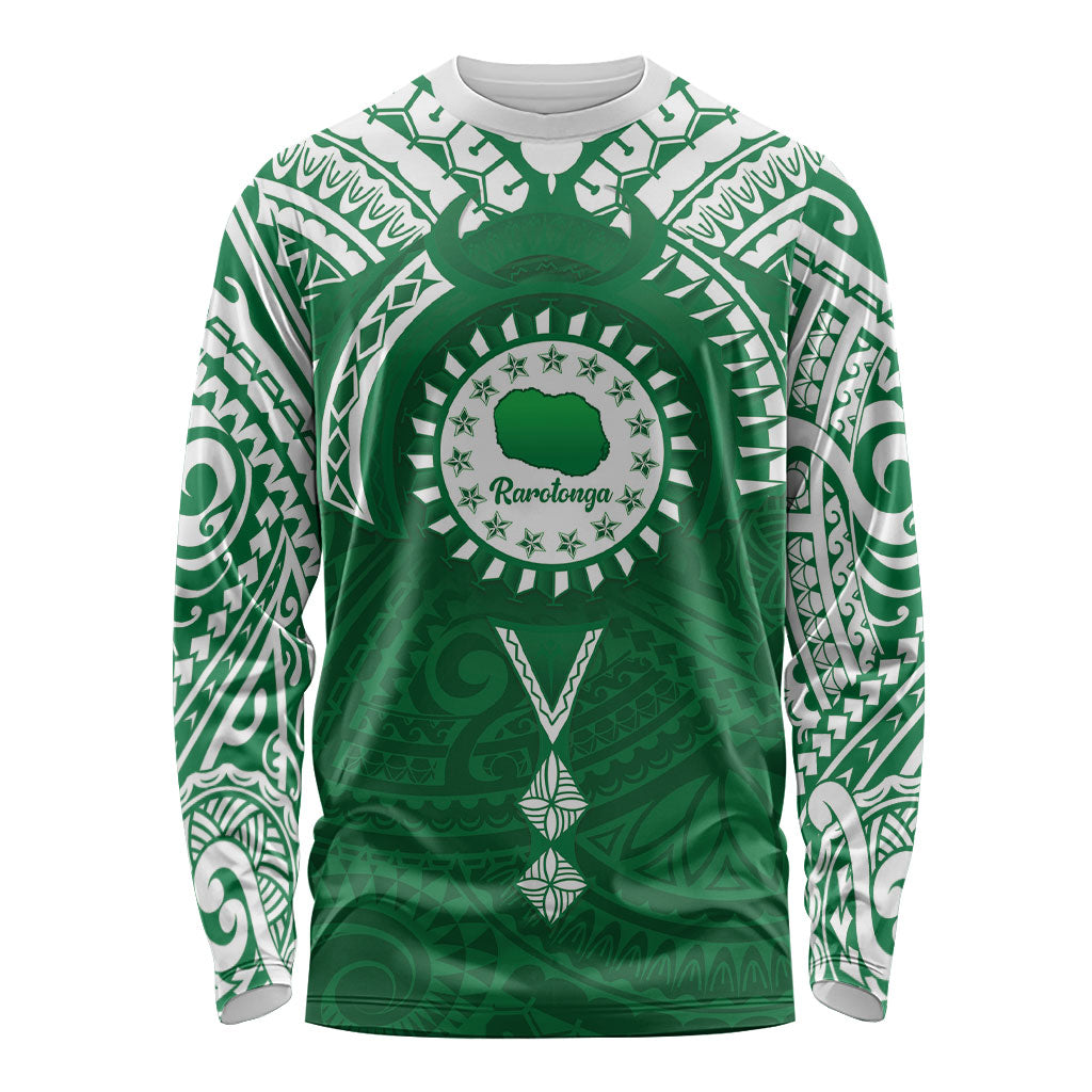 Personalised Cook Islands Rarotonga Long Sleeve Shirt Map With Kuki Airani Manta Ray Tattoo LT14 Unisex Green - Polynesian Pride