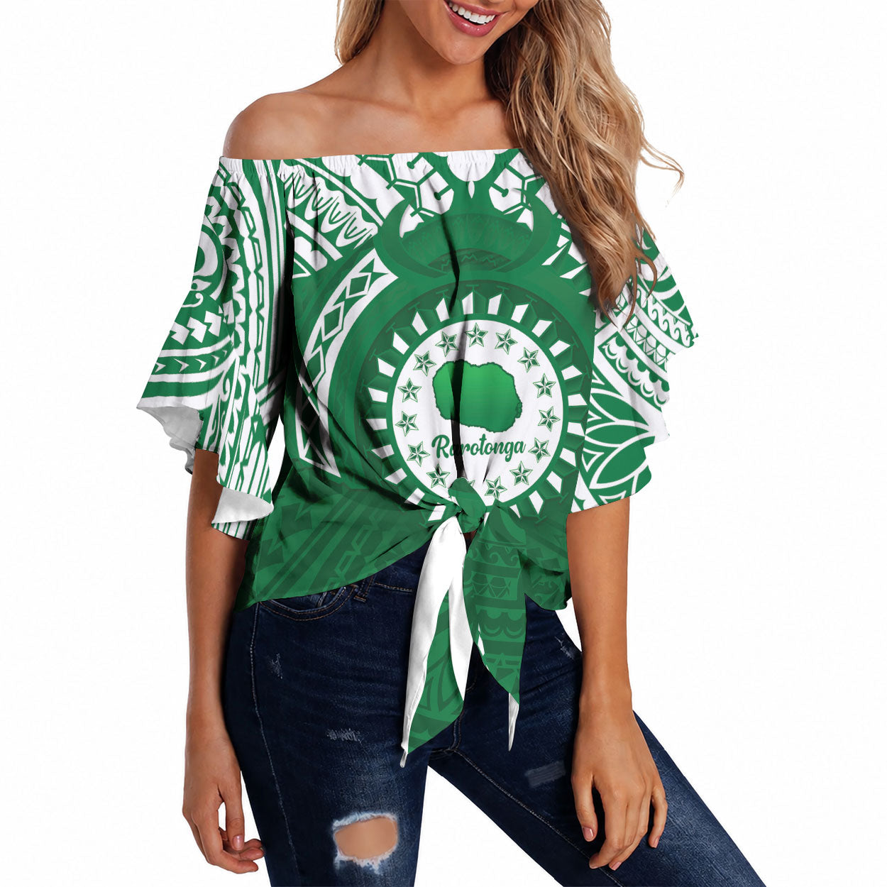Personalised Cook Islands Rarotonga Off Shoulder Wrap Waist Top Map With Kuki Airani Manta Ray Tattoo LT14 Green - Polynesian Pride