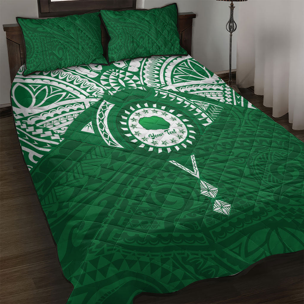 Personalised Cook Islands Rarotonga Quilt Bed Set Map With Kuki Airani Manta Ray Tattoo LT14 Green - Polynesian Pride