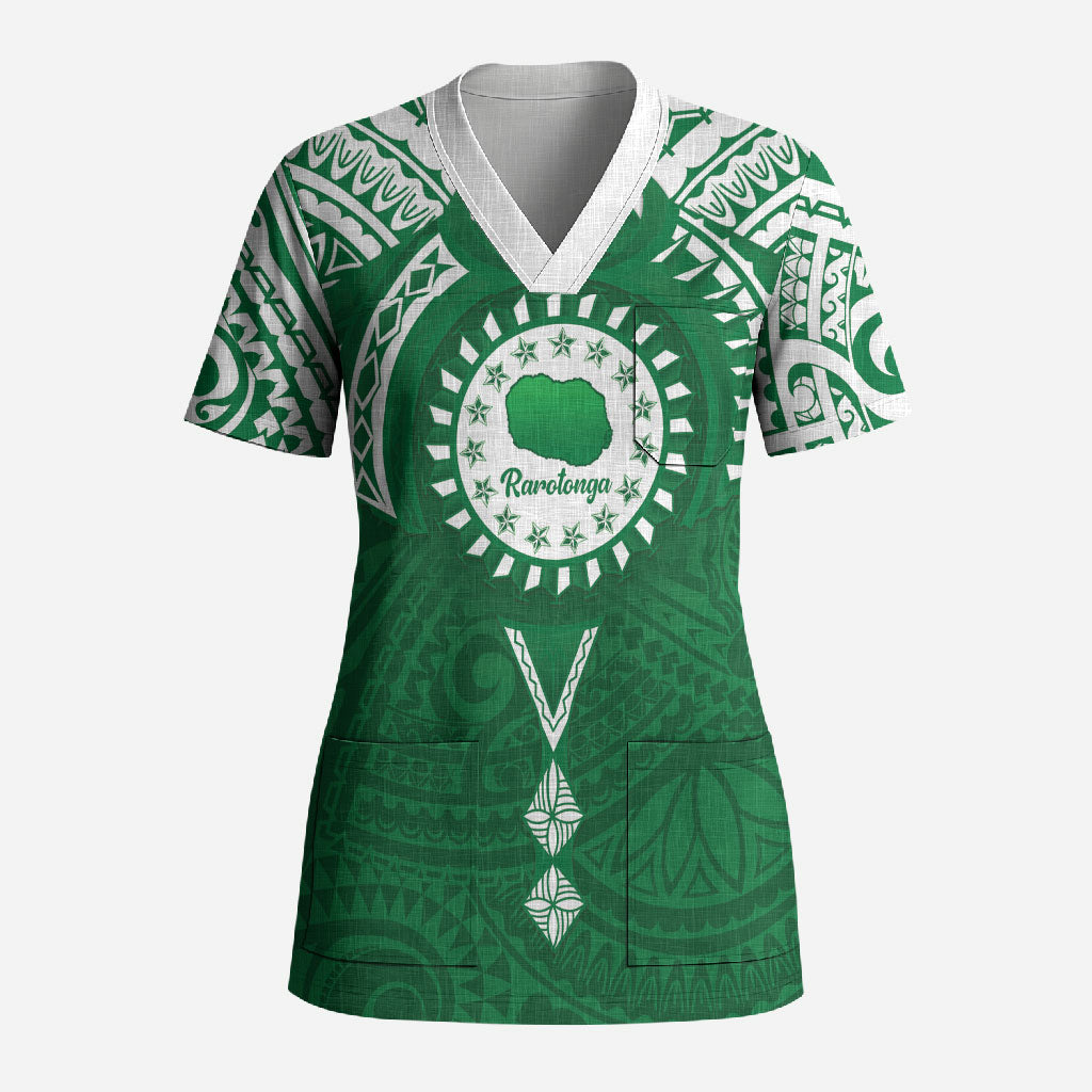 Personalised Cook Islands Rarotonga Scrub Top Map With Kuki Airani Manta Ray Tattoo LT14 Adult Green - Polynesian Pride