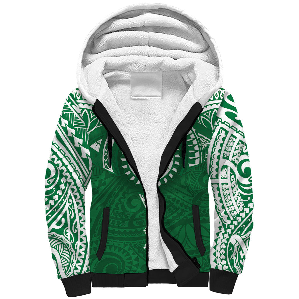 Personalised Cook Islands Rarotonga Sherpa Hoodie Map With Kuki Airani Manta Ray Tattoo LT14 Unisex Green - Polynesian Pride