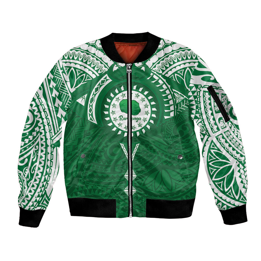 Personalised Cook Islands Rarotonga Sleeve Zip Bomber Jacket Map With Kuki Airani Manta Ray Tattoo LT14 Unisex Green - Polynesian Pride