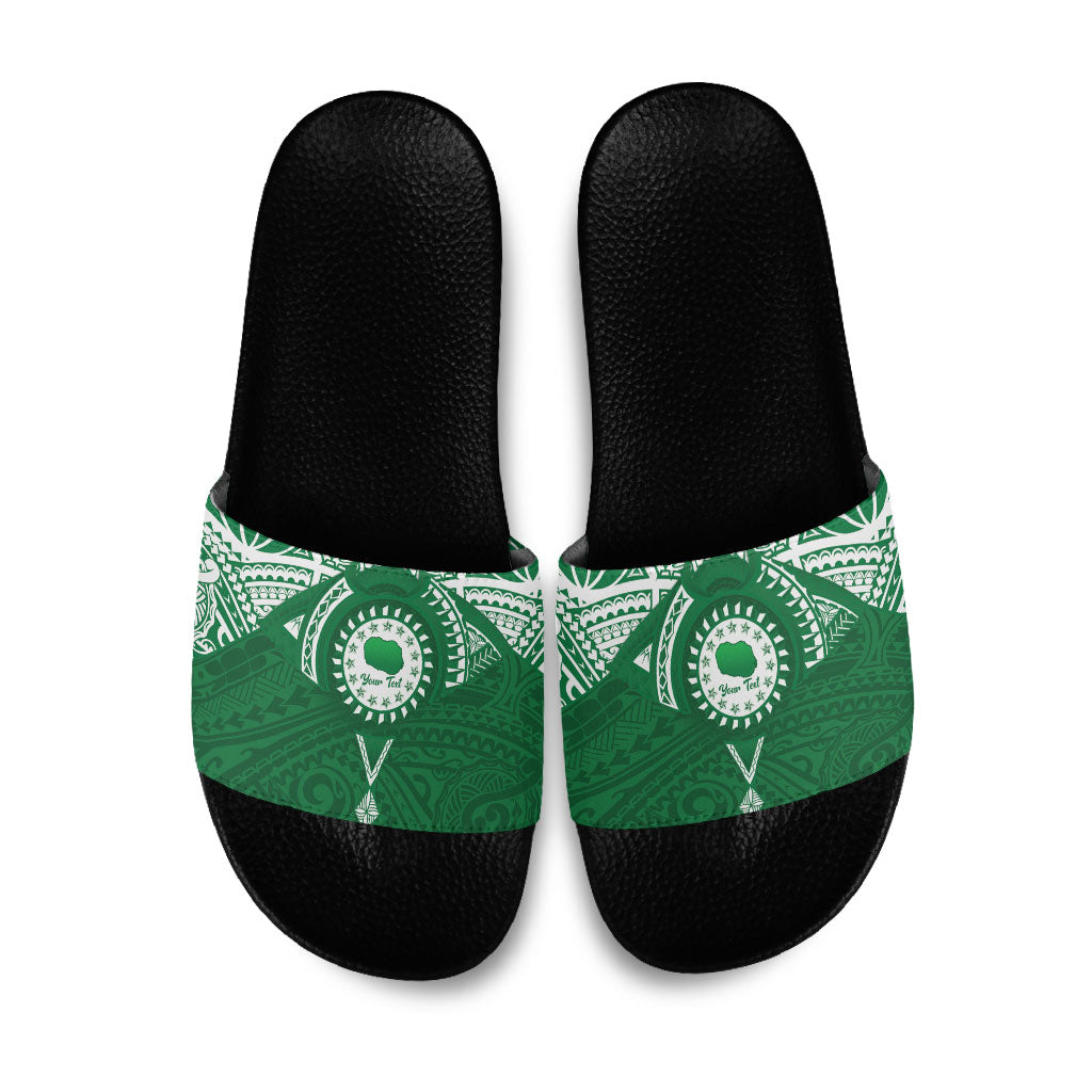 Personalised Cook Islands Rarotonga Slide Sandals Map With Kuki Airani Manta Ray Tattoo LT14 Green - Polynesian Pride