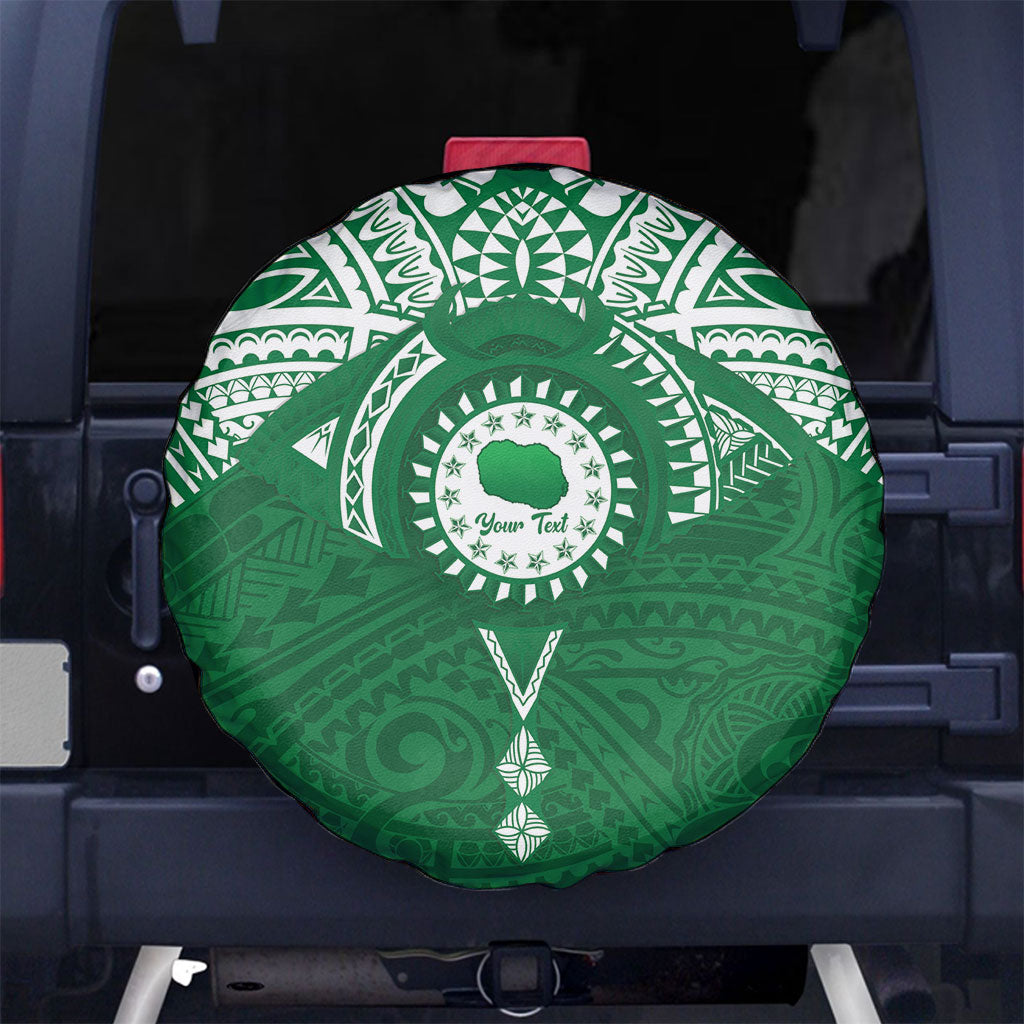 Personalised Cook Islands Rarotonga Spare Tire Cover Map With Kuki Airani Manta Ray Tattoo LT14 No hole Green - Polynesian Pride
