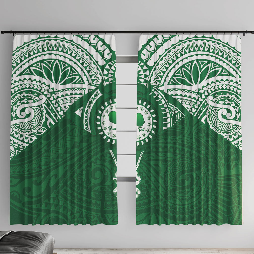 Personalised Cook Islands Rarotonga Window Curtain Map With Kuki Airani Manta Ray Tattoo LT14 With Hooks Green - Polynesian Pride