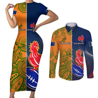France And Australia Rugby Couples Matching Short Sleeve Bodycon Dress and Long Sleeve Button Shirts 2023 World Cup Le Bleus Wallabies Together LT14 Gold - Polynesian Pride