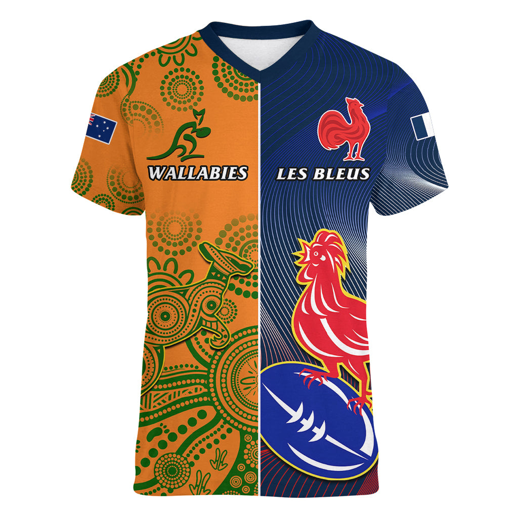 France And Australia Rugby Women V Neck T Shirt 2023 World Cup Le Bleus Wallabies Together LT14 Female Gold - Polynesian Pride
