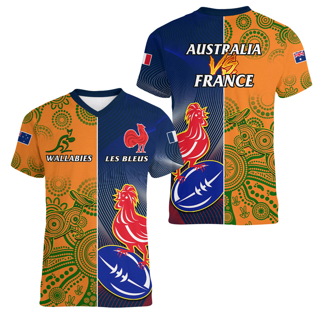 France And Australia Rugby Women V Neck T Shirt 2023 World Cup Le Bleus Wallabies Together LT14 - Polynesian Pride