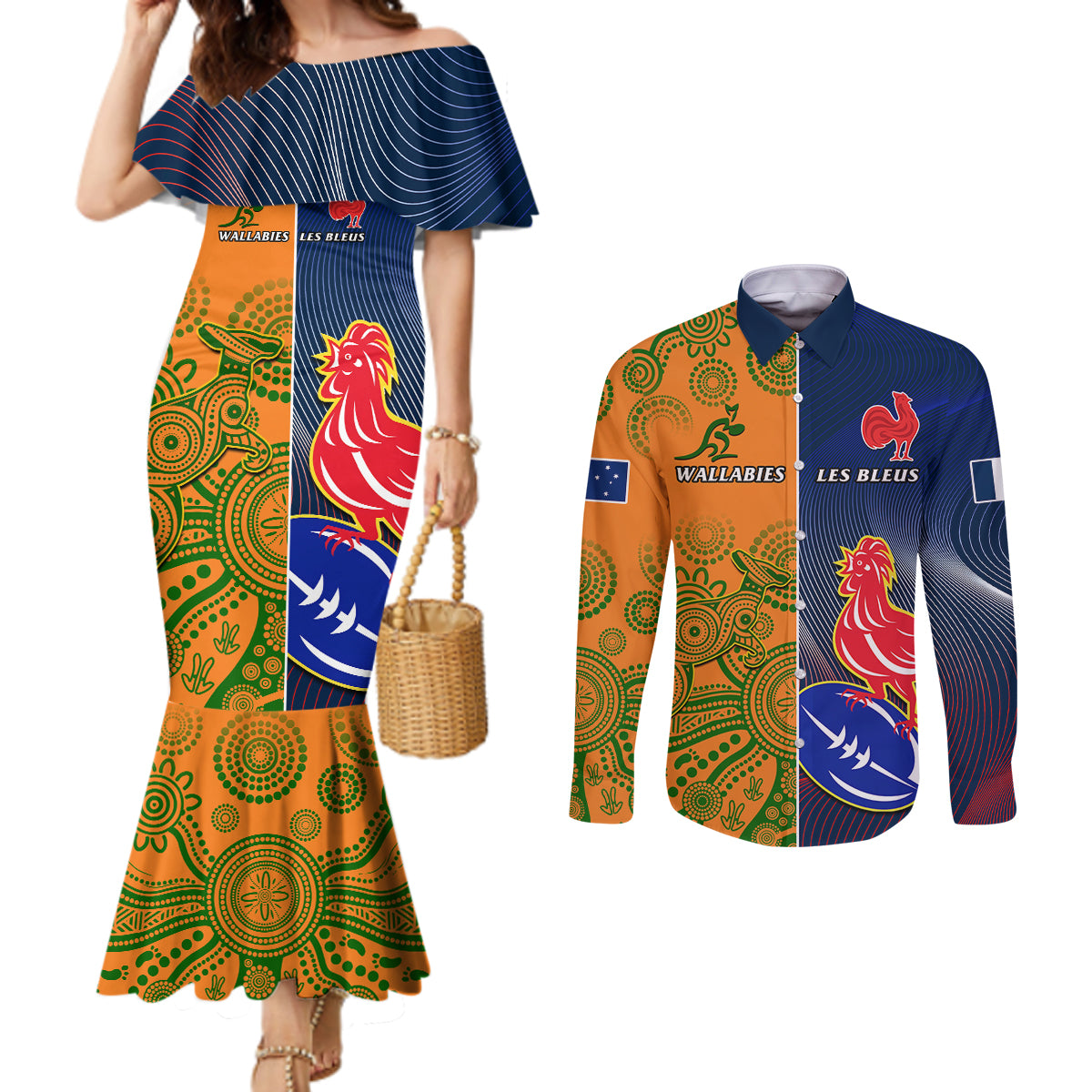 Custom France And Australia Rugby Couples Matching Mermaid Dress and Long Sleeve Button Shirts 2023 World Cup Le Bleus Wallabies Together LT14 Gold - Polynesian Pride