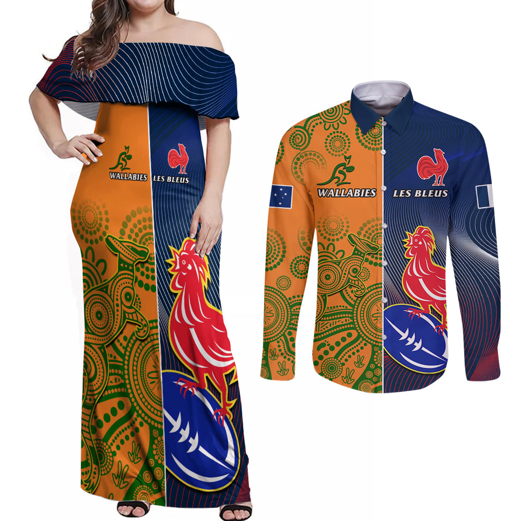 Custom France And Australia Rugby Couples Matching Off Shoulder Maxi Dress and Long Sleeve Button Shirts 2023 World Cup Le Bleus Wallabies Together LT14 Gold - Polynesian Pride
