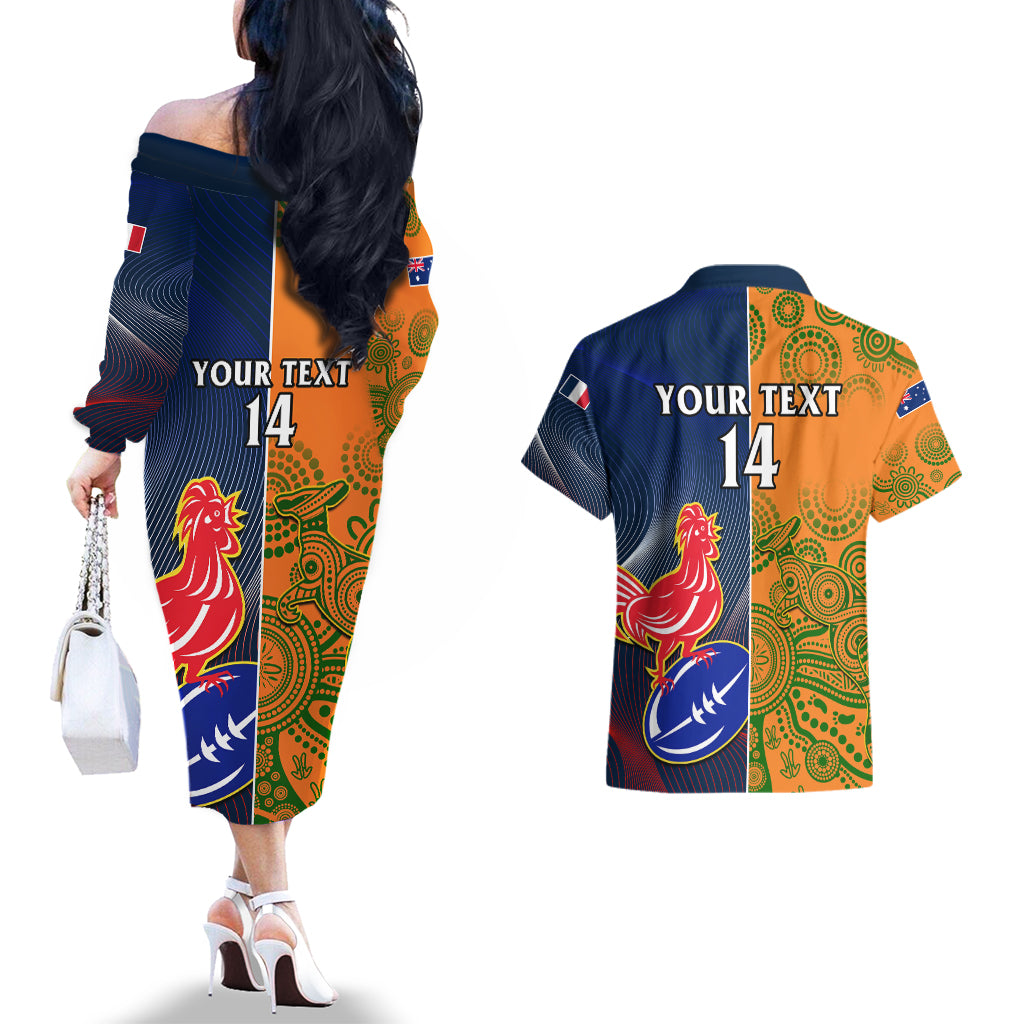 Custom France And Australia Rugby Couples Matching Off The Shoulder Long Sleeve Dress and Hawaiian Shirt 2023 World Cup Le Bleus Wallabies Together LT14 - Polynesian Pride