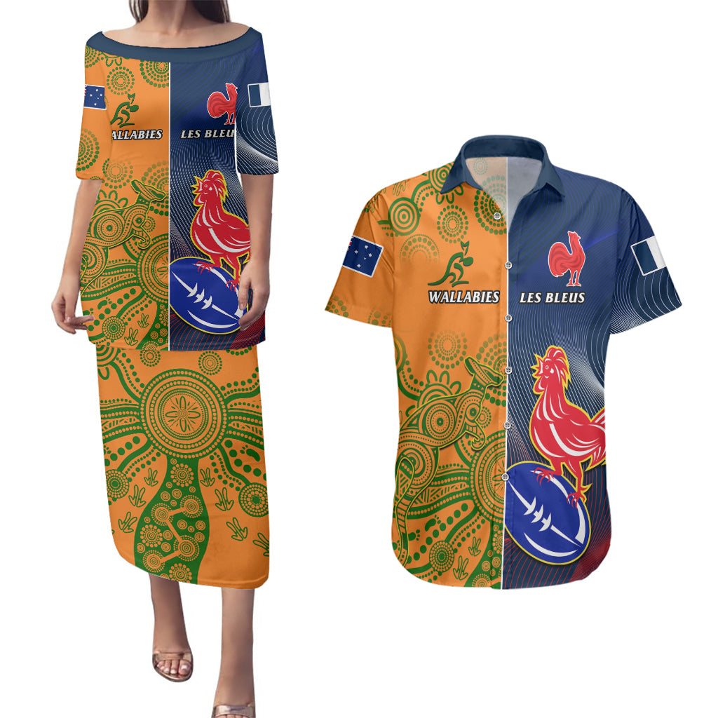 Custom France And Australia Rugby Couples Matching Puletasi Dress and Hawaiian Shirt 2023 World Cup Le Bleus Wallabies Together LT14 Gold - Polynesian Pride