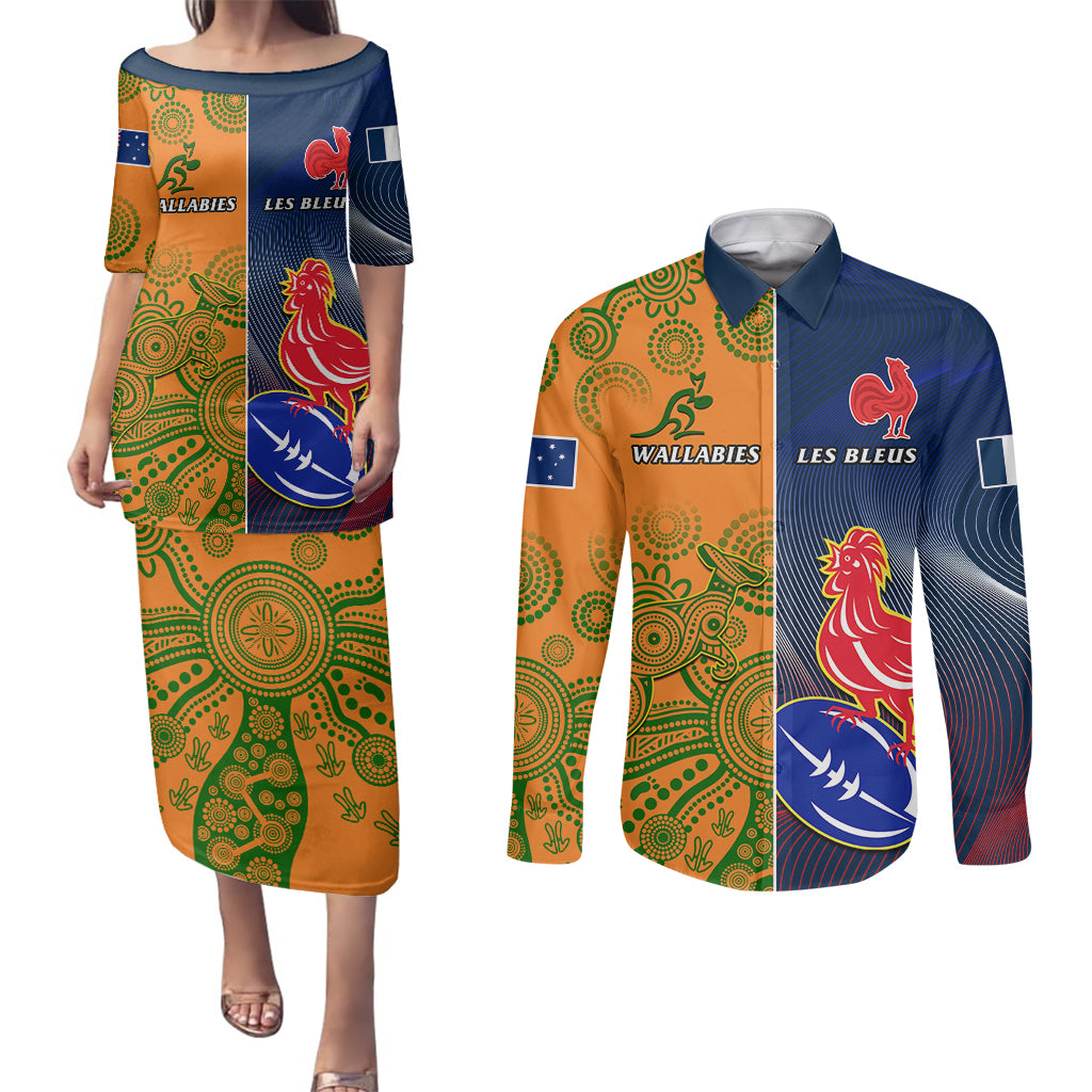 Custom France And Australia Rugby Couples Matching Puletasi Dress and Long Sleeve Button Shirts 2023 World Cup Le Bleus Wallabies Together LT14 Gold - Polynesian Pride