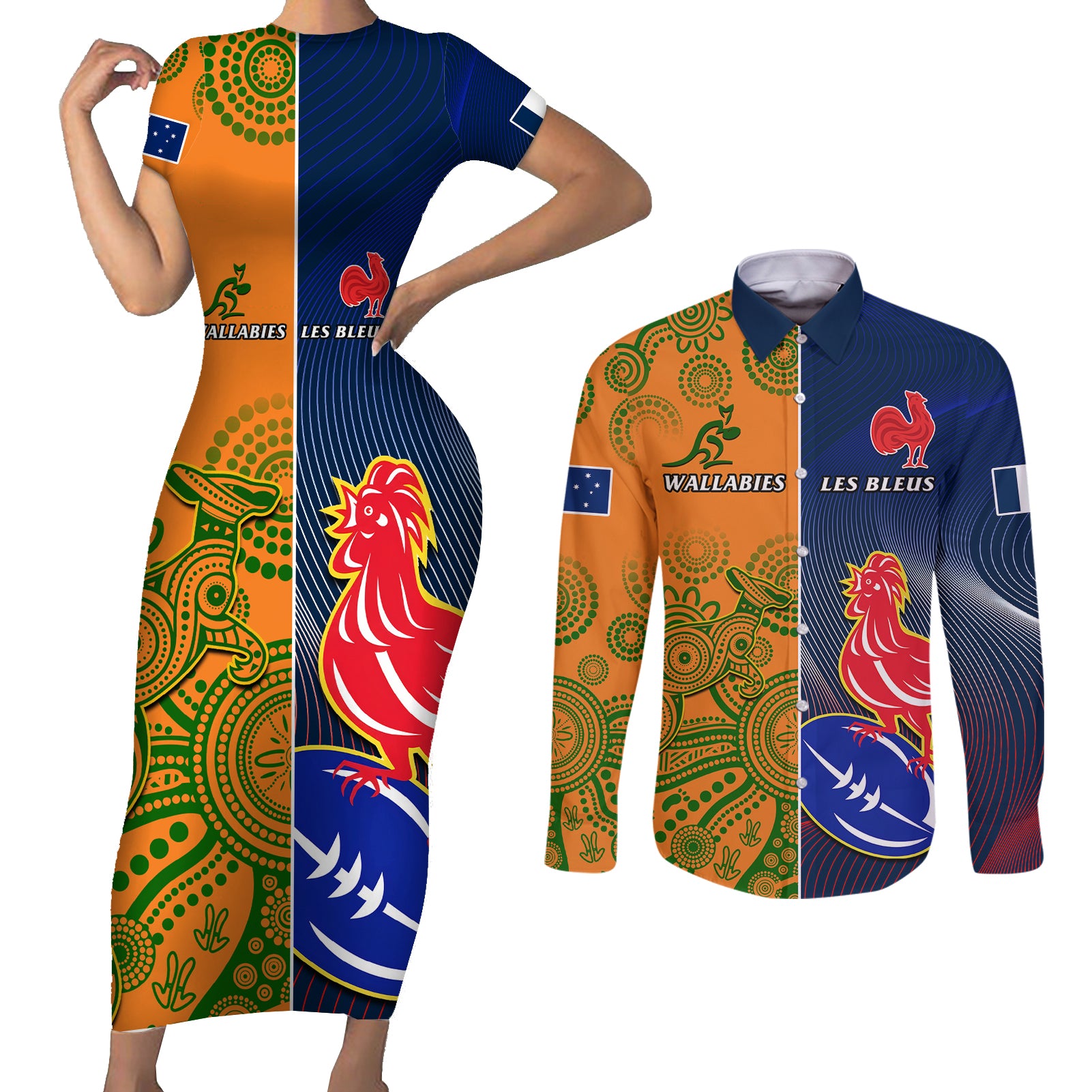 Custom France And Australia Rugby Couples Matching Short Sleeve Bodycon Dress and Long Sleeve Button Shirts 2023 World Cup Le Bleus Wallabies Together LT14 Gold - Polynesian Pride
