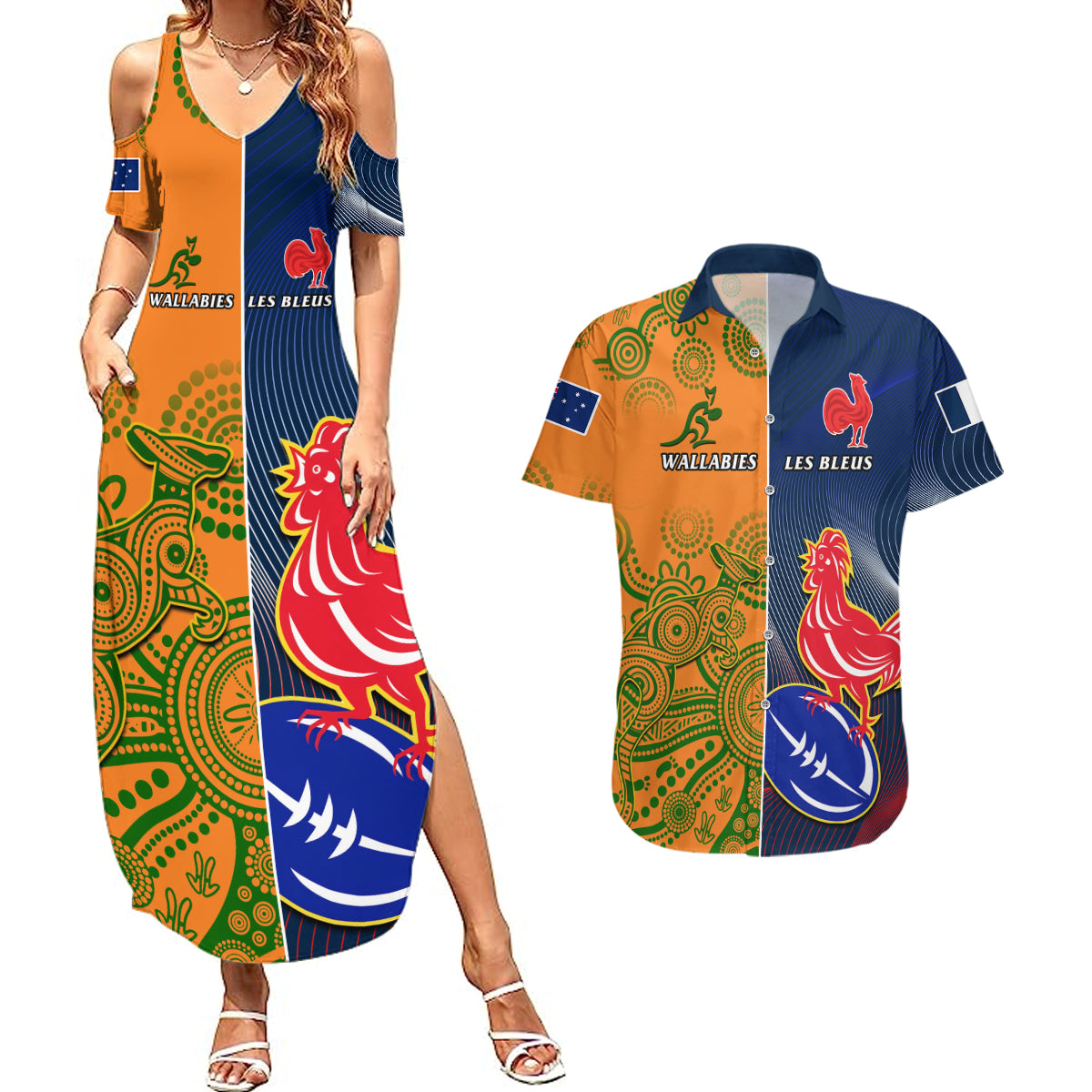 Custom France And Australia Rugby Couples Matching Summer Maxi Dress and Hawaiian Shirt 2023 World Cup Le Bleus Wallabies Together LT14 Gold - Polynesian Pride