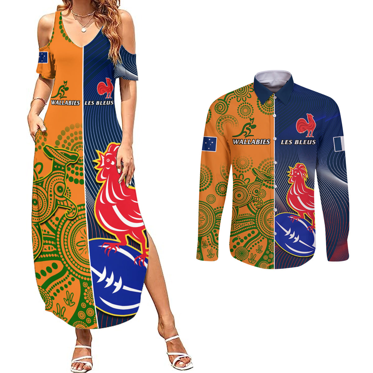 Custom France And Australia Rugby Couples Matching Summer Maxi Dress and Long Sleeve Button Shirts 2023 World Cup Le Bleus Wallabies Together LT14 Gold - Polynesian Pride