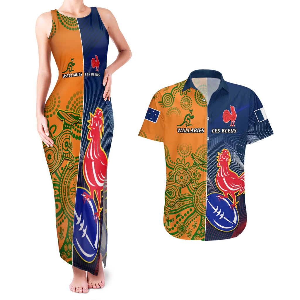 Custom France And Australia Rugby Couples Matching Tank Maxi Dress and Hawaiian Shirt 2023 World Cup Le Bleus Wallabies Together LT14 Gold - Polynesian Pride