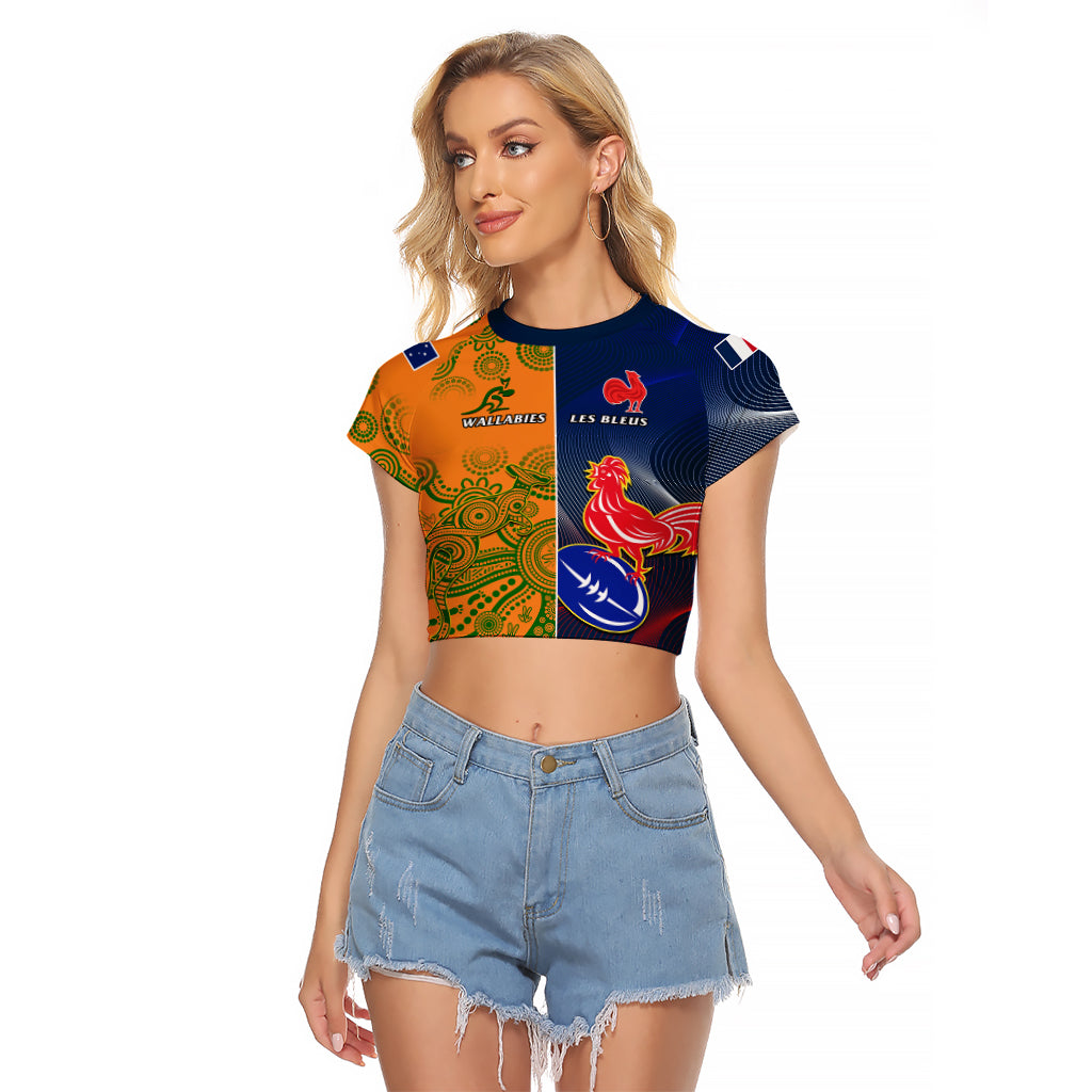 Custom France And Australia Rugby Raglan Cropped T Shirt 2023 World Cup Le Bleus Wallabies Together LT14 Female Gold - Polynesian Pride