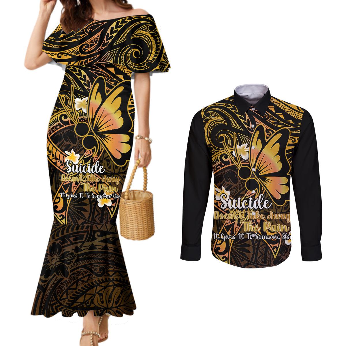 Polynesia Suicide Prevention Awareness Couples Matching Mermaid Dress and Long Sleeve Button Shirts Your Life Is Worth Living For Polynesian Gold Pattern LT14 Gold - Polynesian Pride