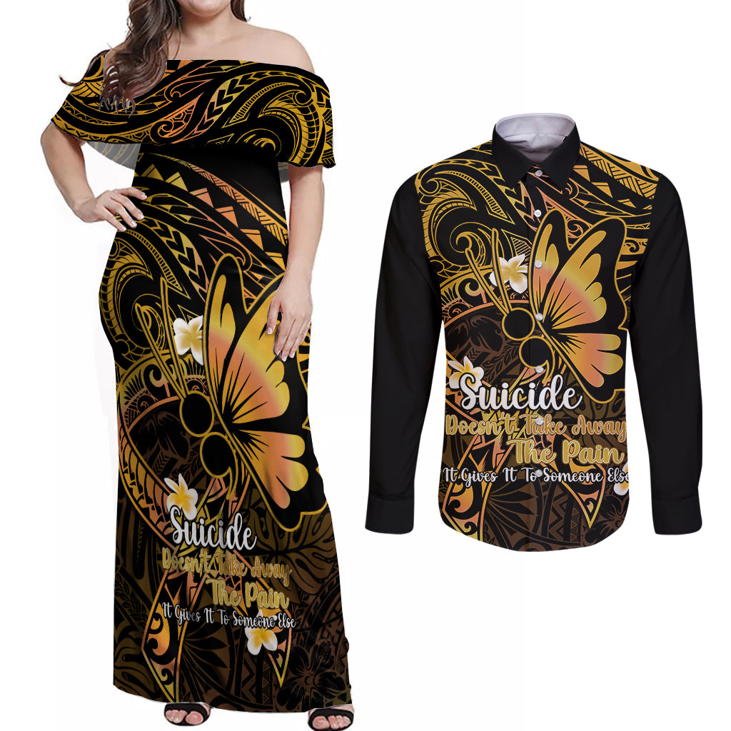 Polynesia Suicide Prevention Awareness Couples Matching Off Shoulder Maxi Dress and Long Sleeve Button Shirts Your Life Is Worth Living For Polynesian Gold Pattern LT14 Gold - Polynesian Pride