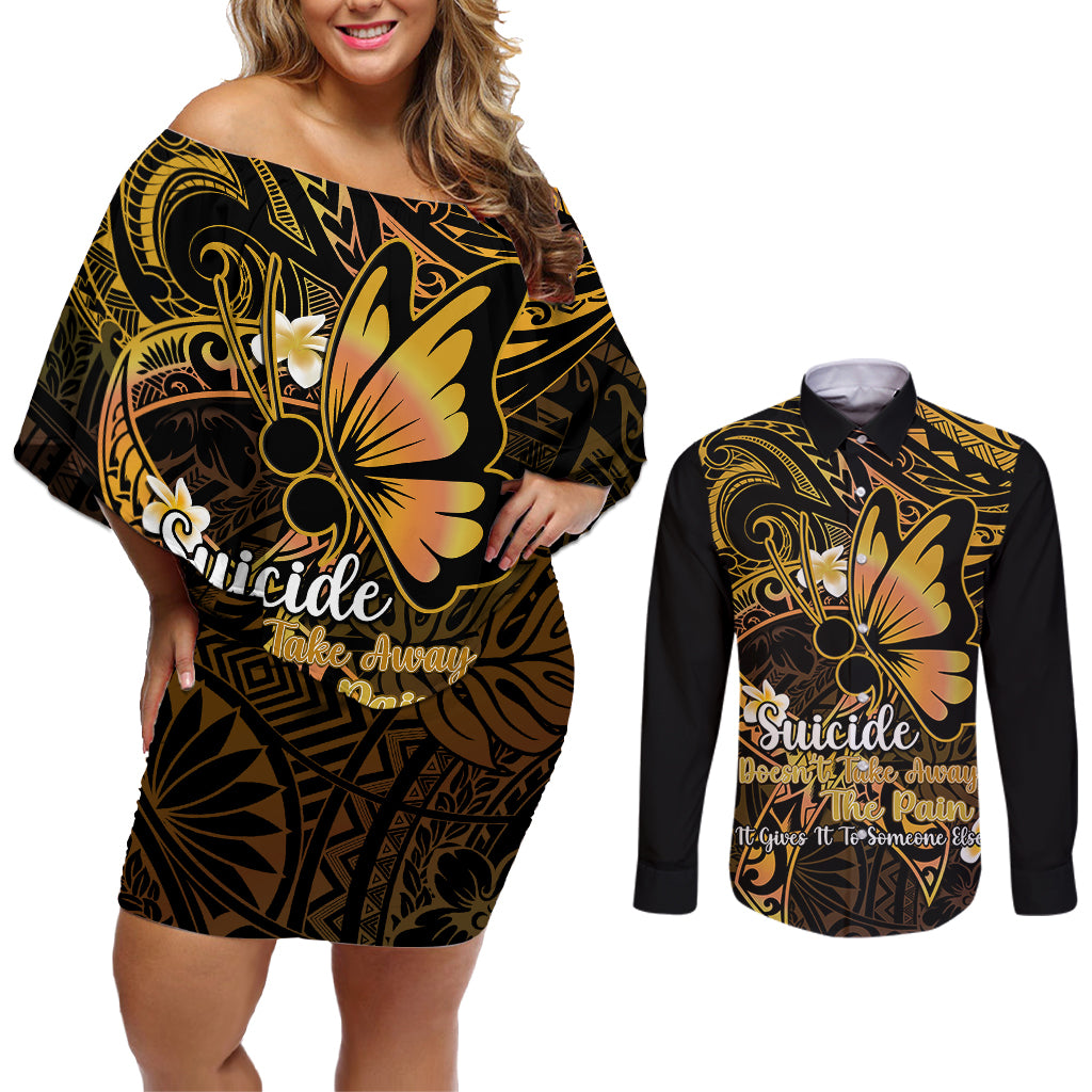 Polynesia Suicide Prevention Awareness Couples Matching Off Shoulder Short Dress and Long Sleeve Button Shirts Your Life Is Worth Living For Polynesian Gold Pattern LT14 Gold - Polynesian Pride