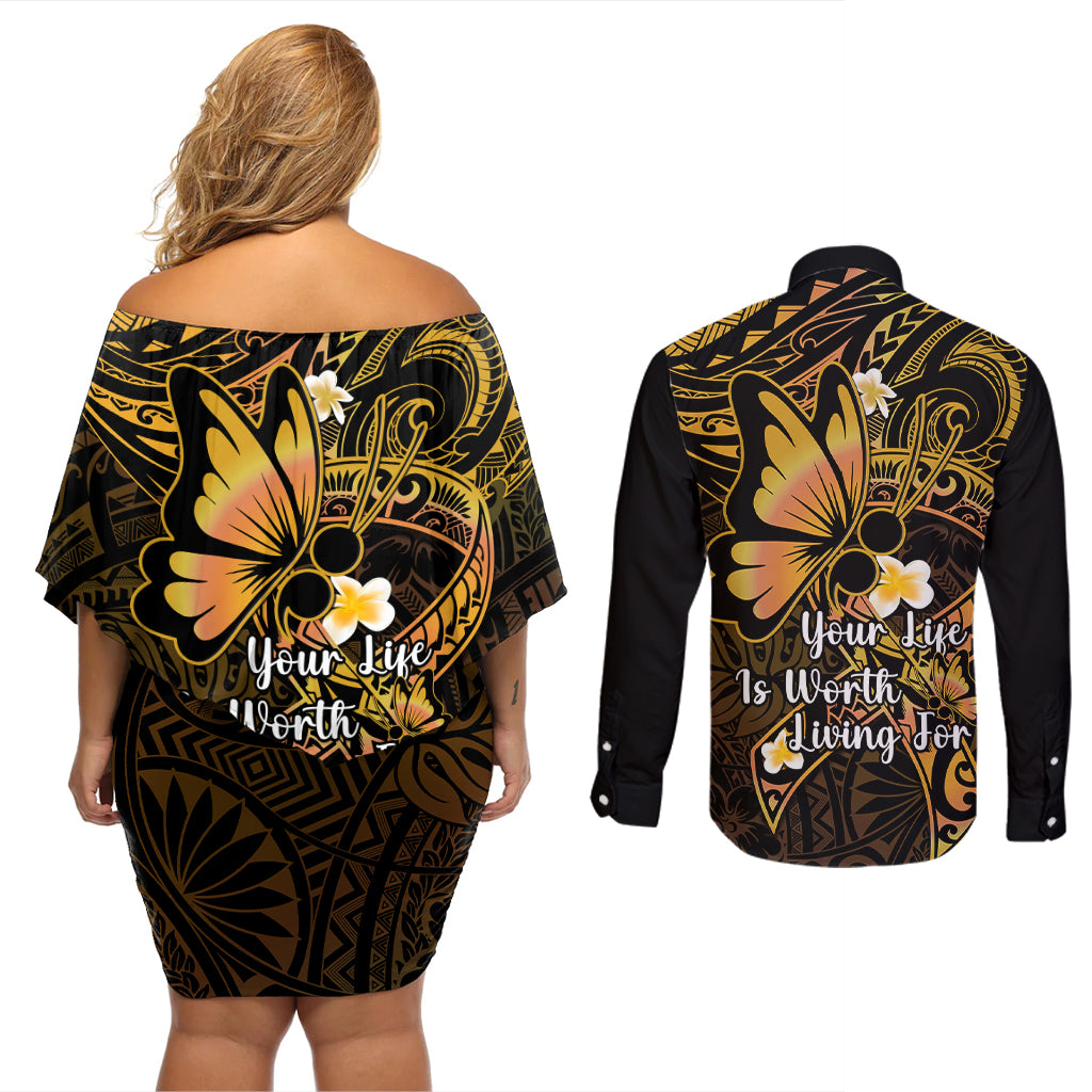 Polynesia Suicide Prevention Awareness Couples Matching Off Shoulder Short Dress and Long Sleeve Button Shirts Your Life Is Worth Living For Polynesian Gold Pattern LT14 - Polynesian Pride