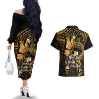 Polynesia Suicide Prevention Awareness Couples Matching Off The Shoulder Long Sleeve Dress and Hawaiian Shirt Your Life Is Worth Living For Polynesian Gold Pattern LT14 - Polynesian Pride