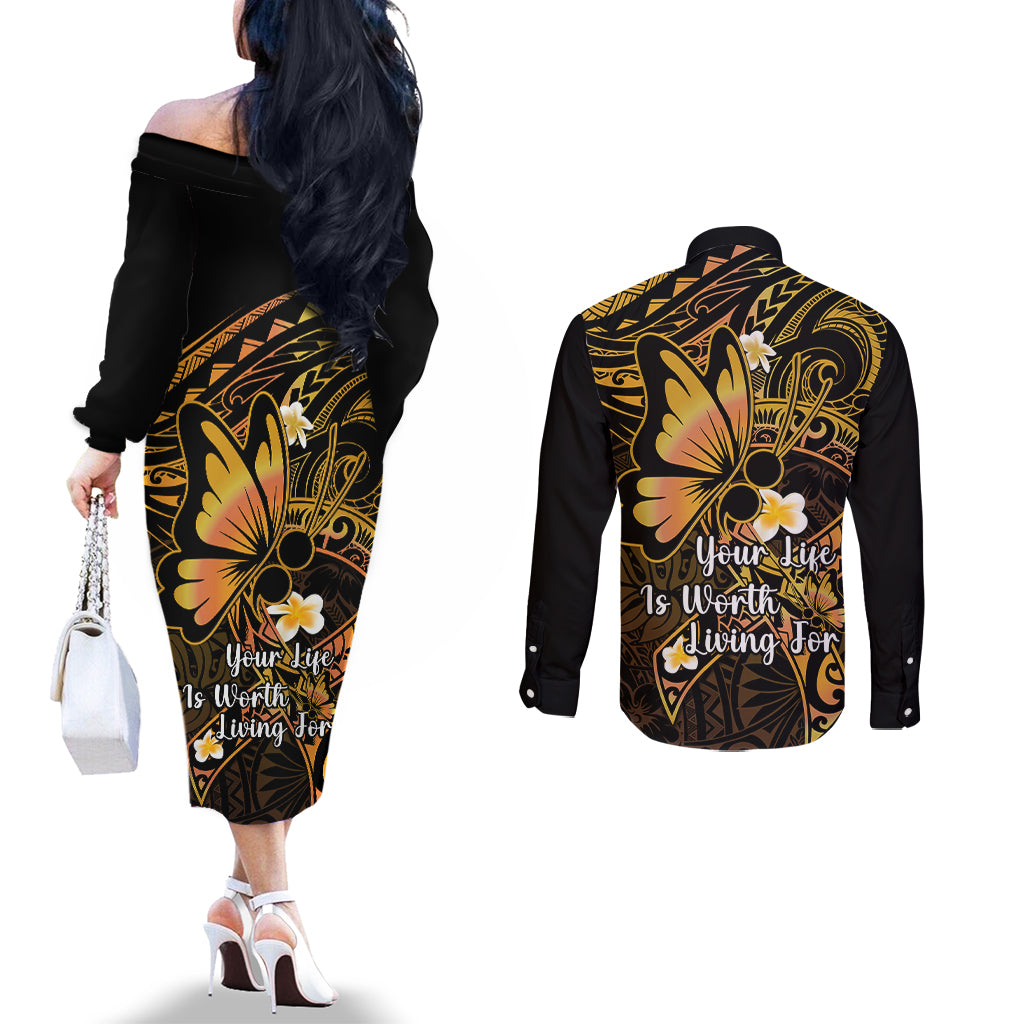 Polynesia Suicide Prevention Awareness Couples Matching Off The Shoulder Long Sleeve Dress and Long Sleeve Button Shirts Your Life Is Worth Living For Polynesian Gold Pattern LT14 - Polynesian Pride