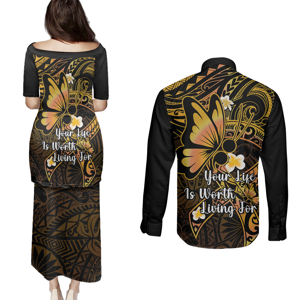 Polynesia Suicide Prevention Awareness Couples Matching Puletasi Dress and Long Sleeve Button Shirts Your Life Is Worth Living For Polynesian Gold Pattern LT14 - Polynesian Pride