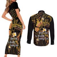 Polynesia Suicide Prevention Awareness Couples Matching Short Sleeve Bodycon Dress and Long Sleeve Button Shirts Your Life Is Worth Living For Polynesian Gold Pattern LT14 - Polynesian Pride