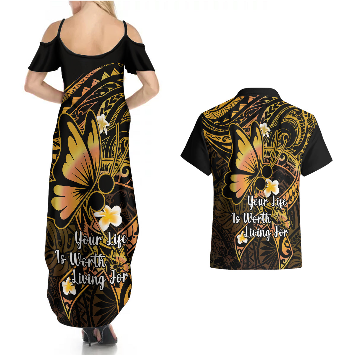 Polynesia Suicide Prevention Awareness Couples Matching Summer Maxi Dress and Hawaiian Shirt Your Life Is Worth Living For Polynesian Gold Pattern LT14 - Polynesian Pride
