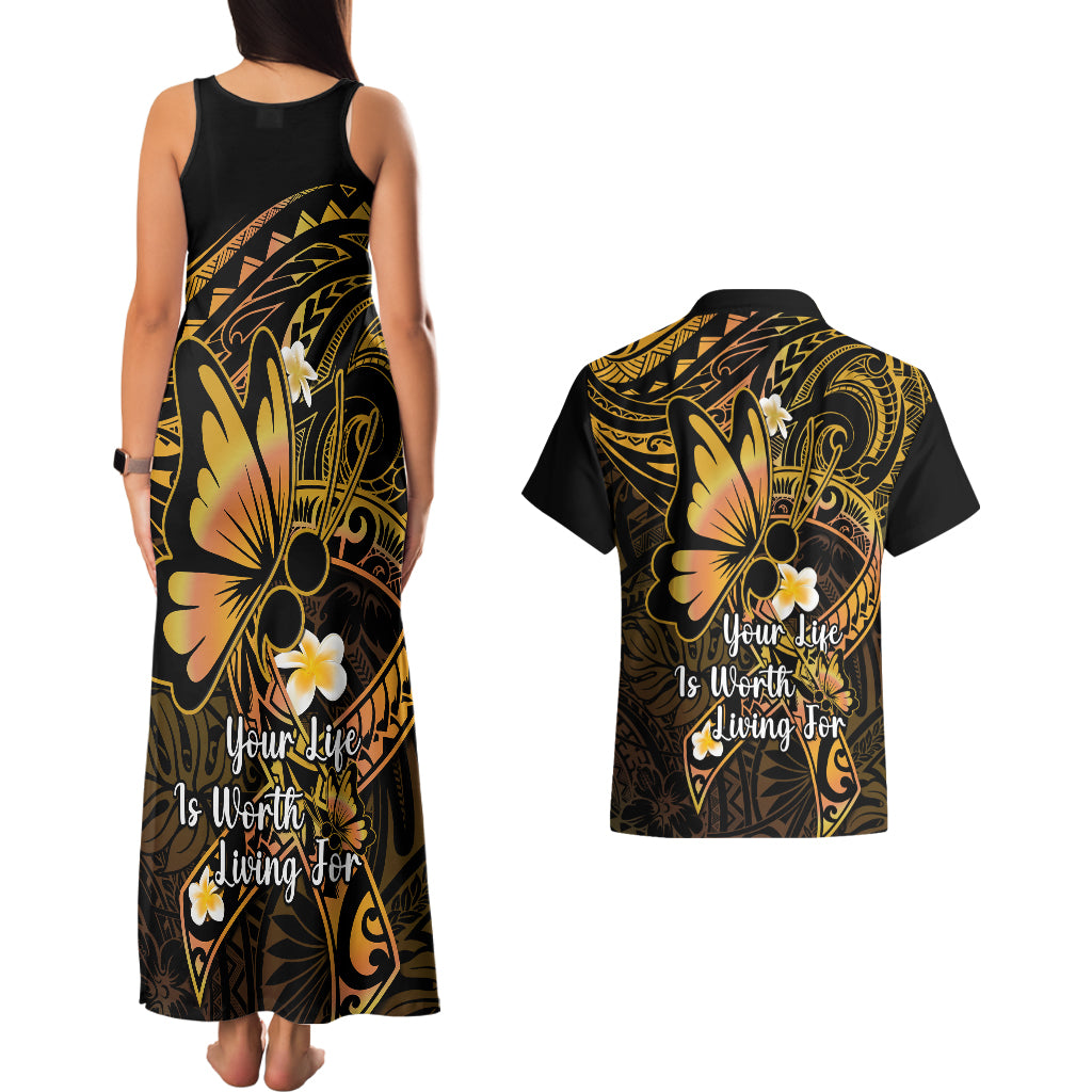 Polynesia Suicide Prevention Awareness Couples Matching Tank Maxi Dress and Hawaiian Shirt Your Life Is Worth Living For Polynesian Gold Pattern LT14 - Polynesian Pride