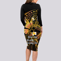 Polynesia Suicide Prevention Awareness Long Sleeve Bodycon Dress Your Life Is Worth Living For Polynesian Gold Pattern LT14 - Polynesian Pride
