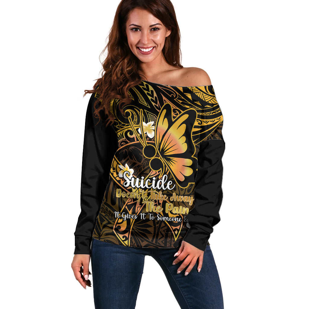 Polynesia Suicide Prevention Awareness Off Shoulder Sweater Your Life Is Worth Living For Polynesian Gold Pattern LT14 Women Gold - Polynesian Pride