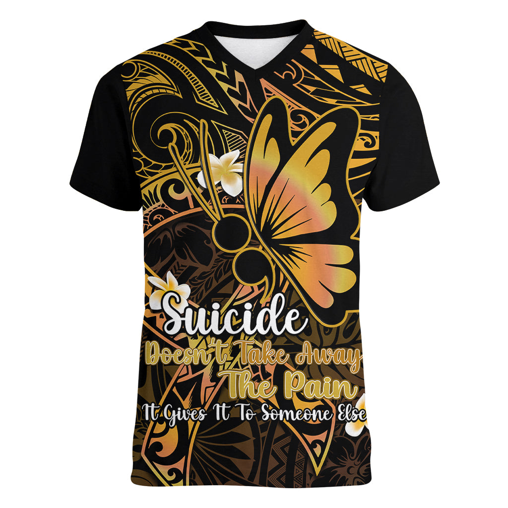 Polynesia Suicide Prevention Awareness Women V Neck T Shirt Your Life Is Worth Living For Polynesian Gold Pattern LT14 Female Gold - Polynesian Pride