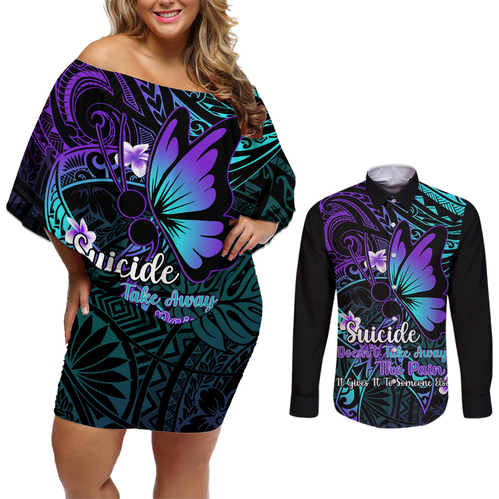 Polynesia Suicide Prevention Awareness Couples Matching Off Shoulder Short Dress and Long Sleeve Button Shirts Your Life Is Worth Living For Polynesian Purple Pattern LT14 Purple - Polynesian Pride
