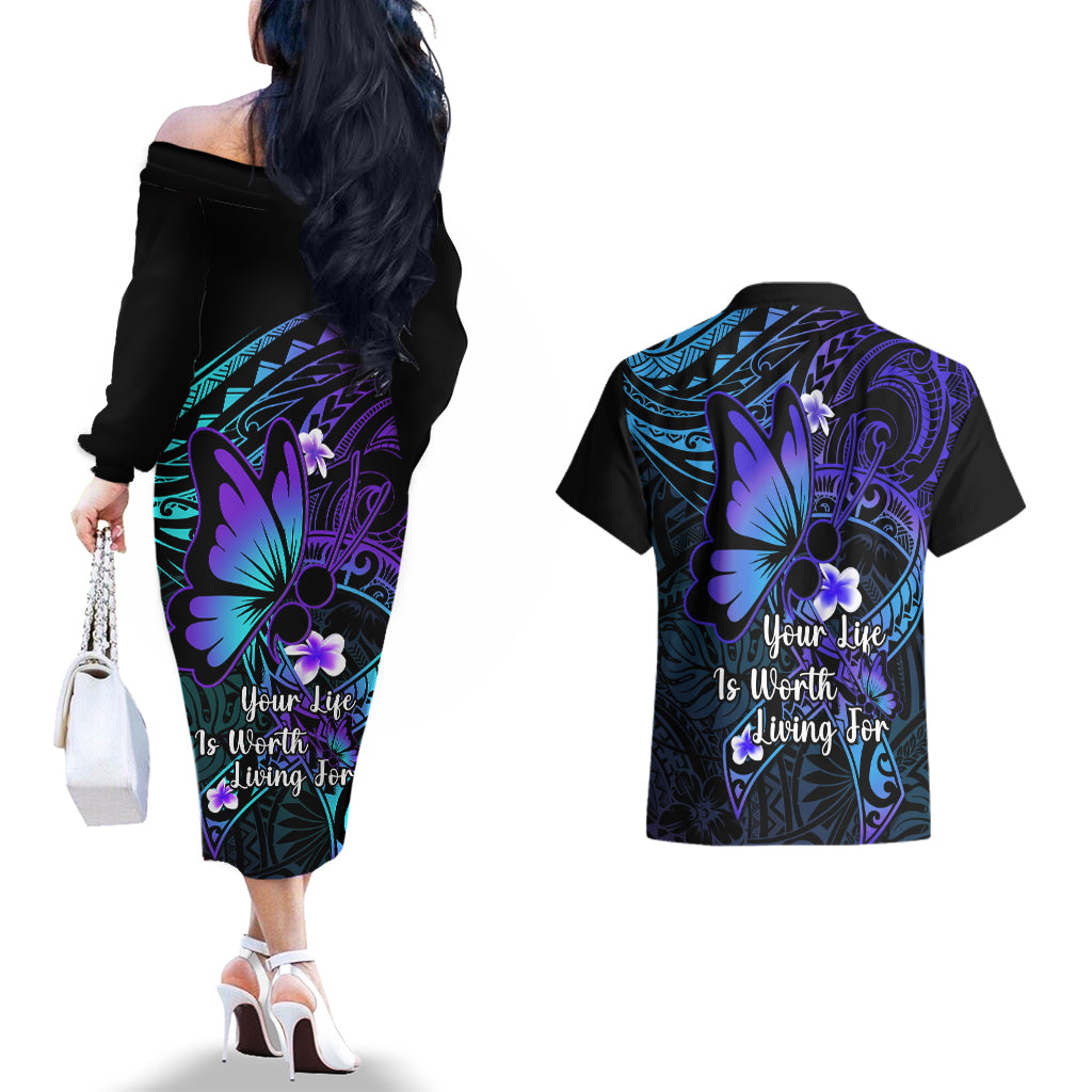 Polynesia Suicide Prevention Awareness Couples Matching Off The Shoulder Long Sleeve Dress and Hawaiian Shirt Your Life Is Worth Living For Polynesian Purple Pattern LT14 - Polynesian Pride