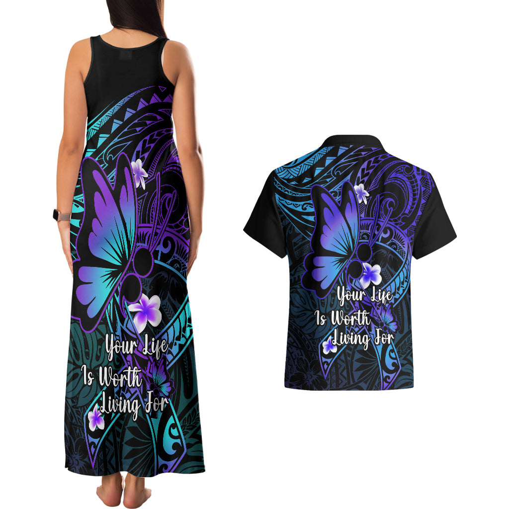 Polynesia Suicide Prevention Awareness Couples Matching Tank Maxi Dress and Hawaiian Shirt Your Life Is Worth Living For Polynesian Purple Pattern LT14 - Polynesian Pride