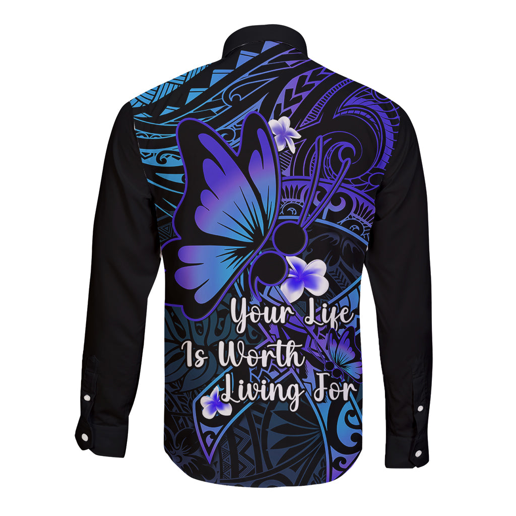Polynesia Suicide Prevention Awareness Long Sleeve Button Shirt Your Life Is Worth Living For Polynesian Purple Pattern LT14 - Polynesian Pride