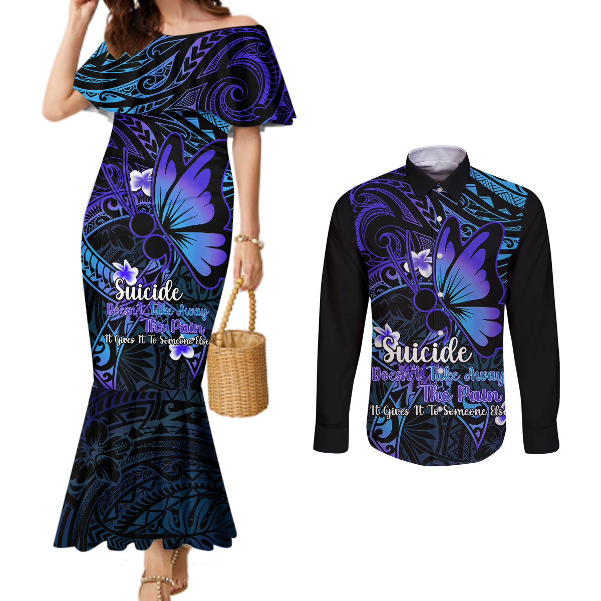 Polynesia Suicide Prevention Awareness Couples Matching Mermaid Dress and Long Sleeve Button Shirts Your Life Is Worth Living For Polynesian Blue Pattern LT14 Gold - Polynesian Pride