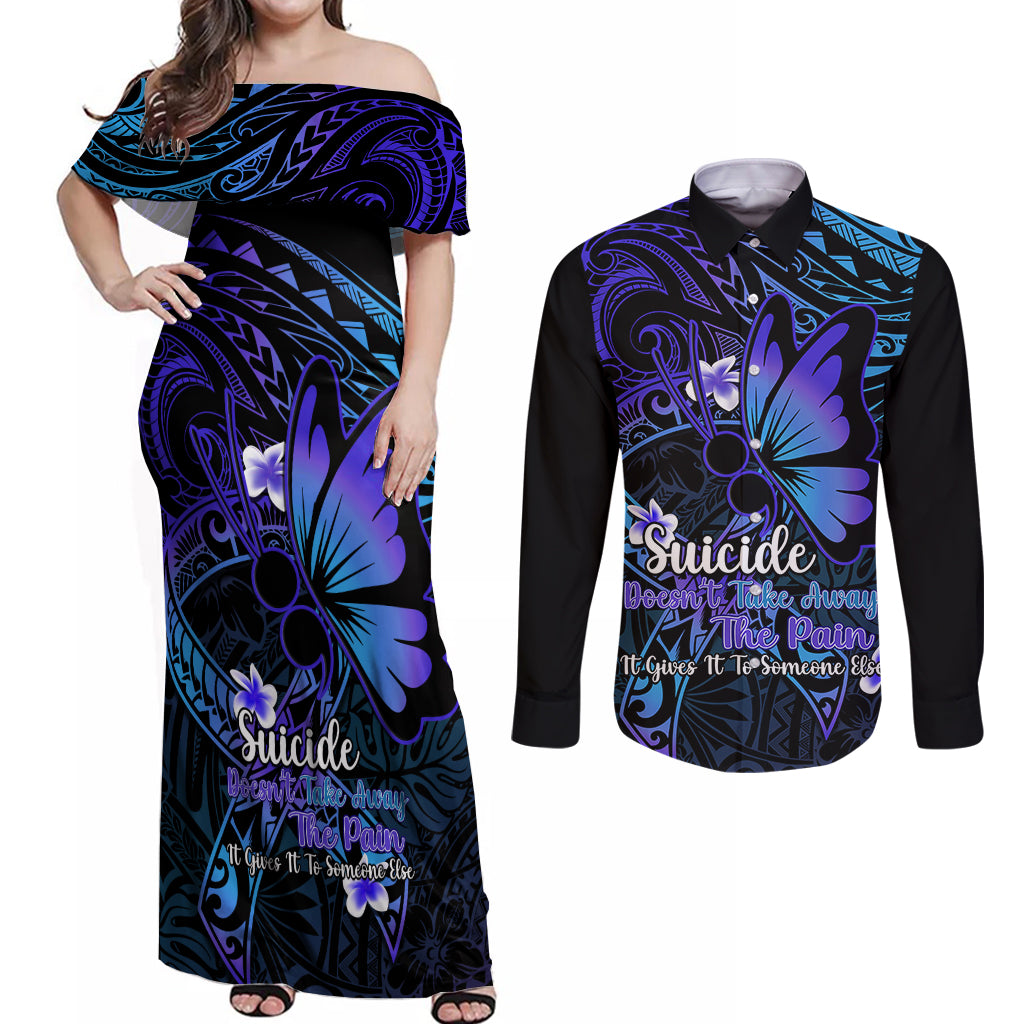 Polynesia Suicide Prevention Awareness Couples Matching Off Shoulder Maxi Dress and Long Sleeve Button Shirts Your Life Is Worth Living For Polynesian Blue Pattern LT14 Gold - Polynesian Pride