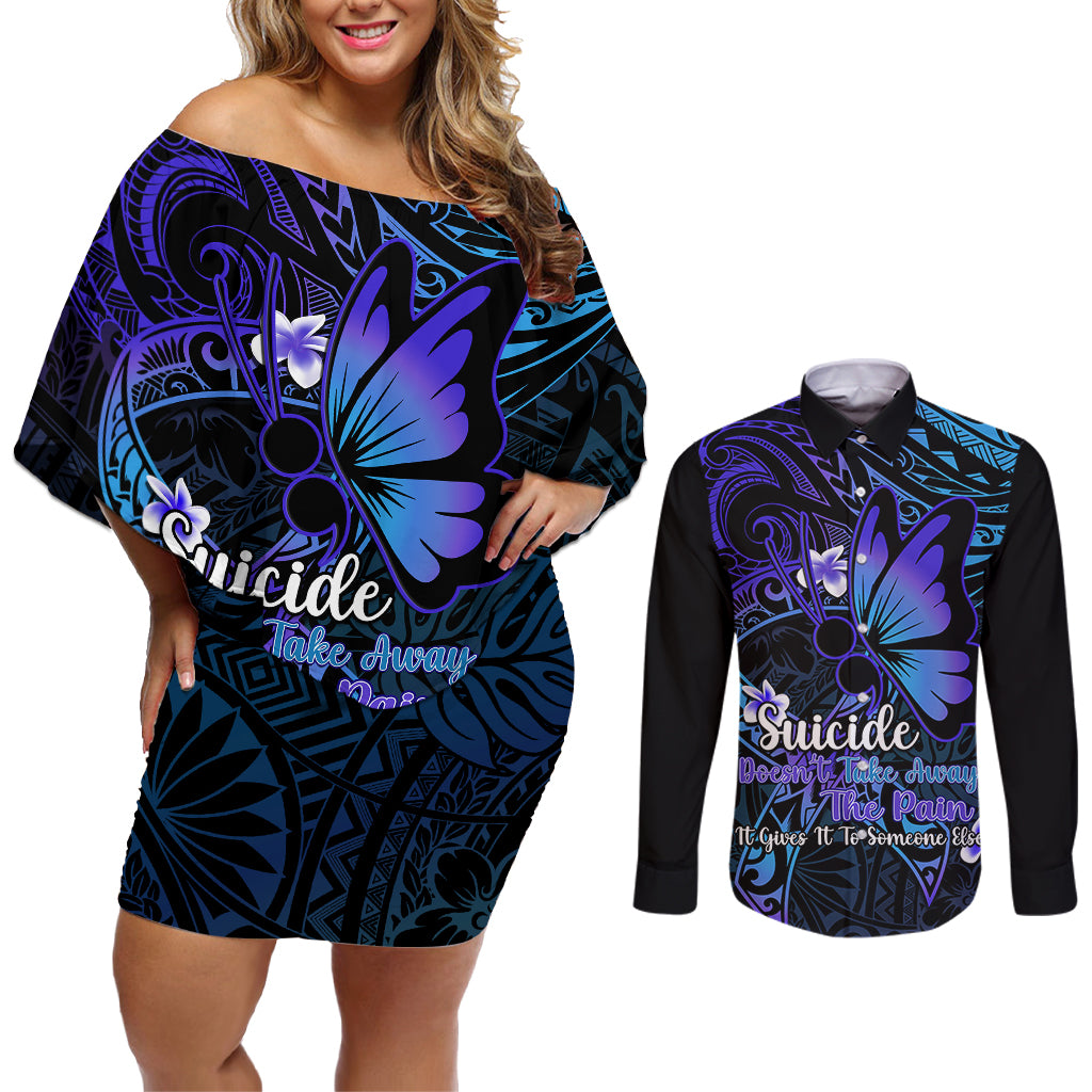 Polynesia Suicide Prevention Awareness Couples Matching Off Shoulder Short Dress and Long Sleeve Button Shirts Your Life Is Worth Living For Polynesian Blue Pattern LT14 Gold - Polynesian Pride