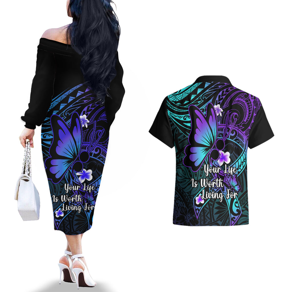 Polynesia Suicide Prevention Awareness Couples Matching Off The Shoulder Long Sleeve Dress and Hawaiian Shirt Your Life Is Worth Living For Polynesian Blue Pattern LT14 - Polynesian Pride