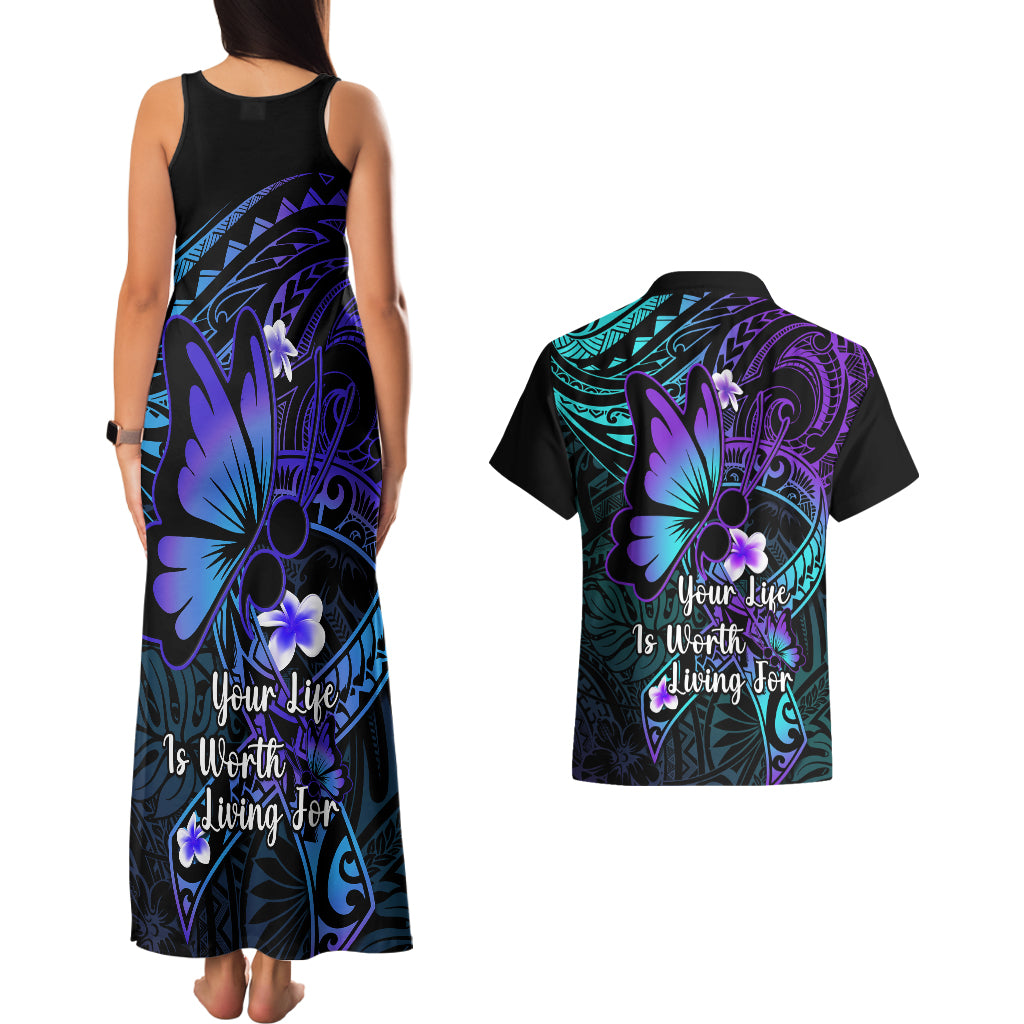 Polynesia Suicide Prevention Awareness Couples Matching Tank Maxi Dress and Hawaiian Shirt Your Life Is Worth Living For Polynesian Blue Pattern LT14 - Polynesian Pride