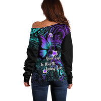 Polynesia Suicide Prevention Awareness Off Shoulder Sweater Your Life Is Worth Living For Polynesian Blue Pattern LT14 - Polynesian Pride