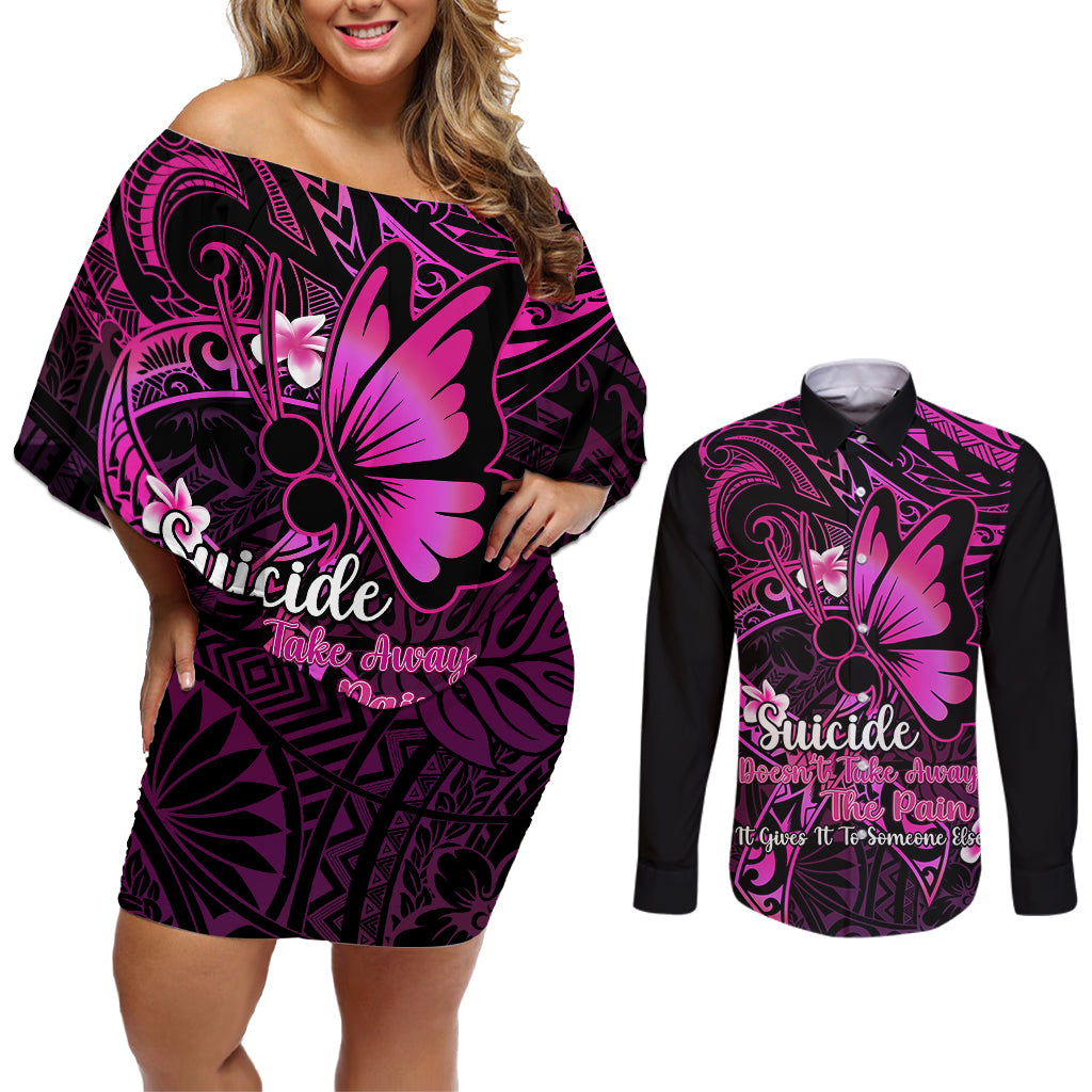 Polynesia Suicide Prevention Awareness Couples Matching Off Shoulder Short Dress and Long Sleeve Button Shirts Your Life Is Worth Living For Polynesian Pink Pattern LT14 Pink - Polynesian Pride