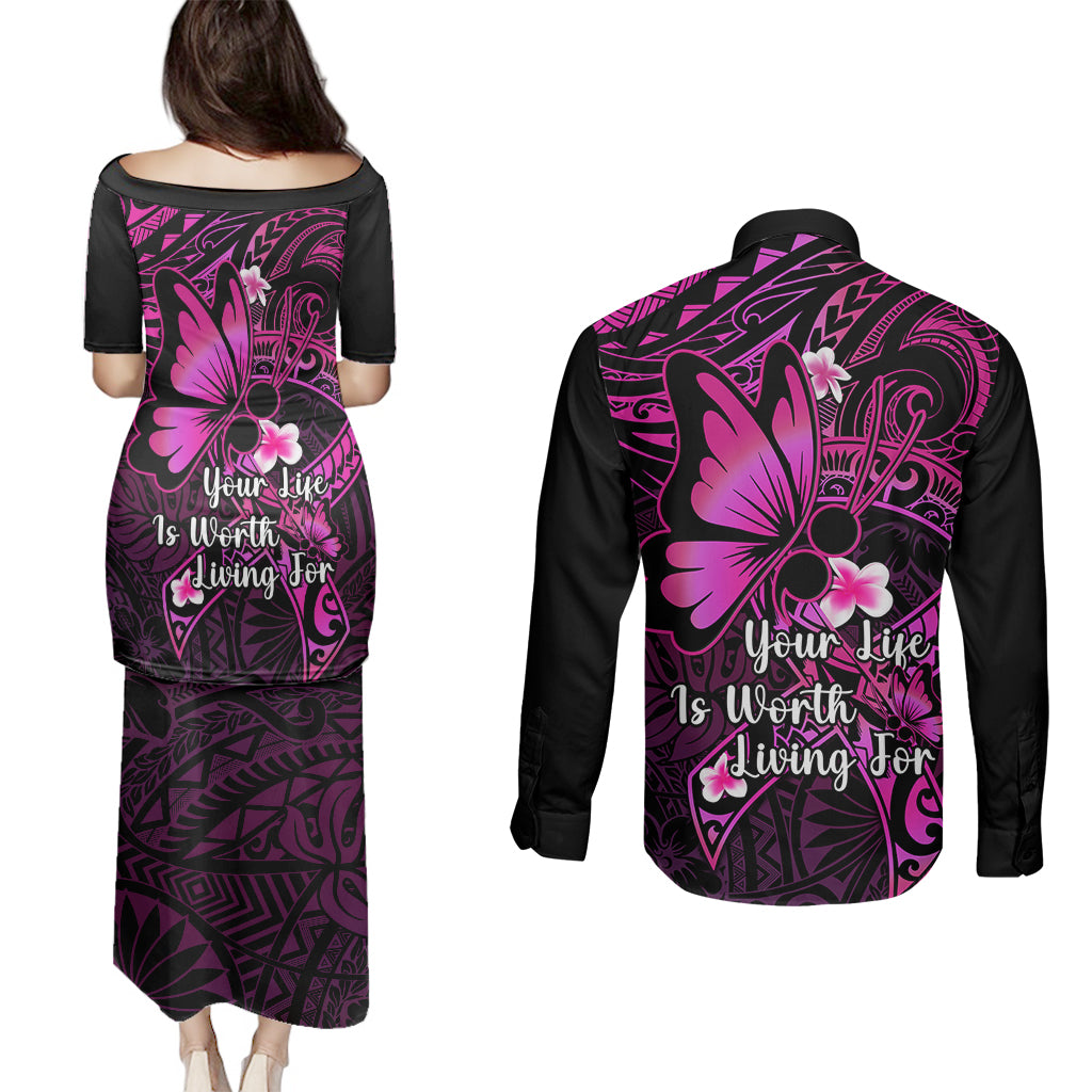 Polynesia Suicide Prevention Awareness Couples Matching Puletasi Dress and Long Sleeve Button Shirts Your Life Is Worth Living For Polynesian Pink Pattern LT14 - Polynesian Pride