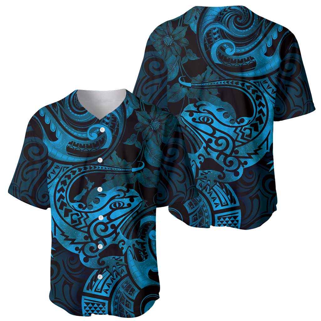 New Zealand Tuatara Baseball Jersey Aotearoa Maori Clematis Flowers - Blue LT14 - Polynesian Pride