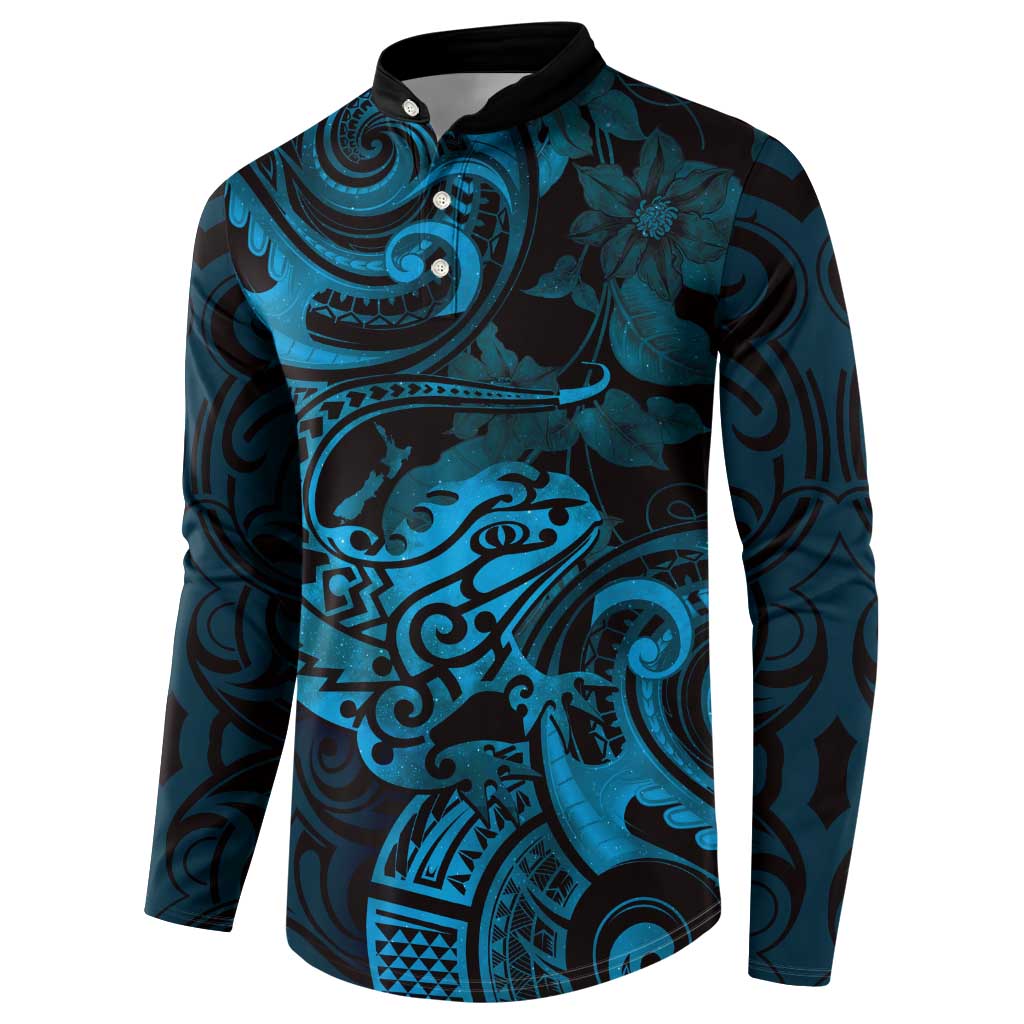 New Zealand Tuatara Button Sweatshirt Aotearoa Maori Clematis Flowers - Blue LT14 - Polynesian Pride