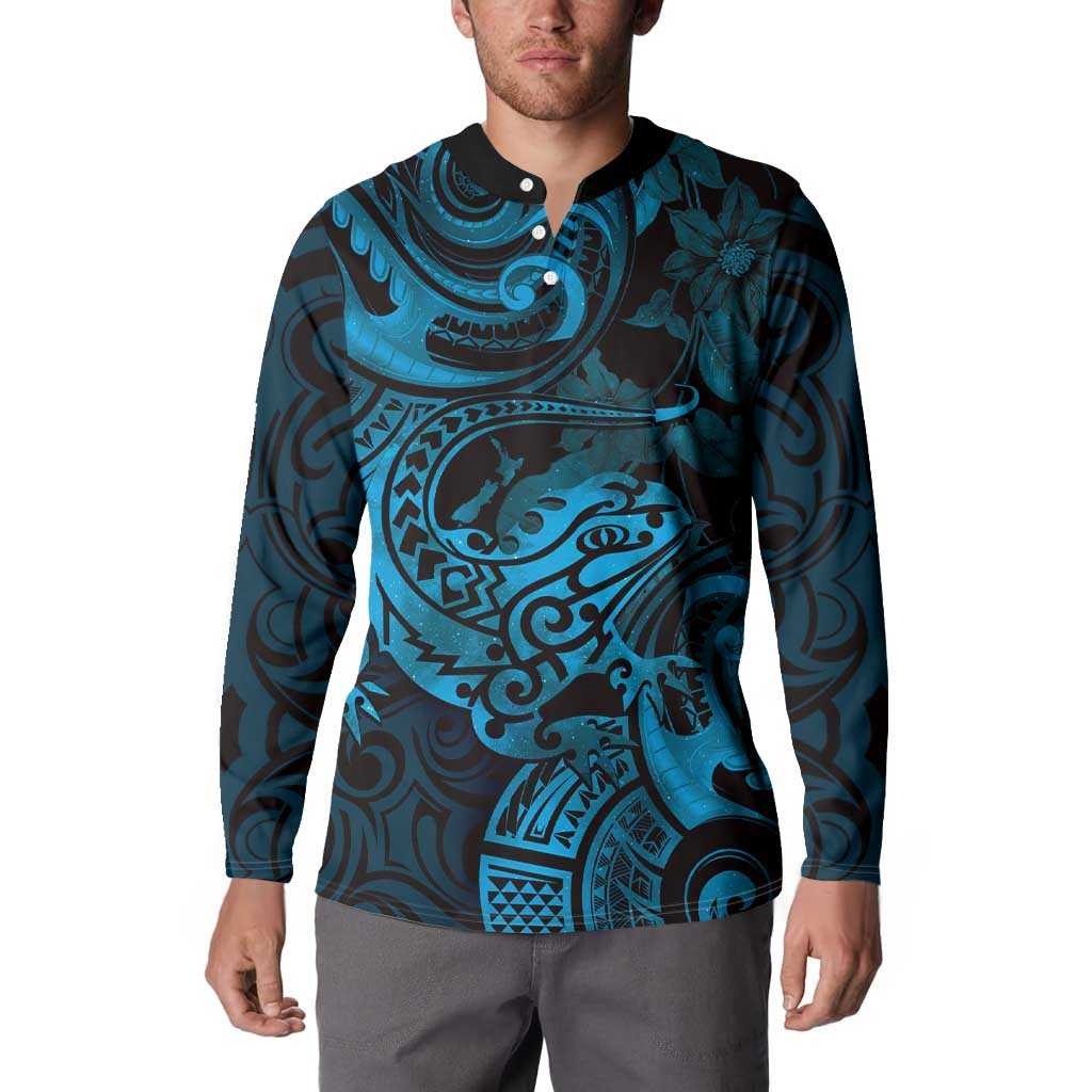 New Zealand Tuatara Button Sweatshirt Aotearoa Maori Clematis Flowers - Blue LT14 - Polynesian Pride